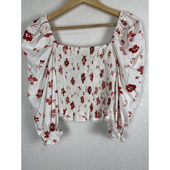 Zara Floral Linen Blend Top Womens Size Small Floral Cropped Boho Peasant‎ - Picture 7 of 10